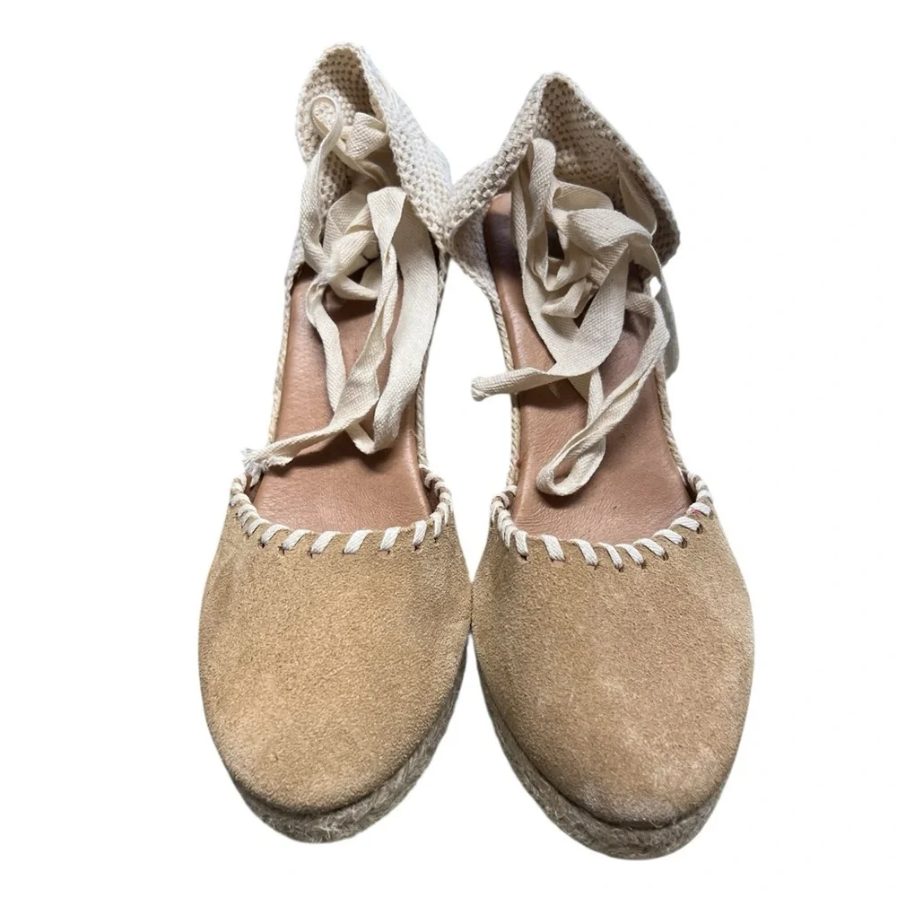 Picon tan taupe suede lace up espadrille wedges Made in Spain